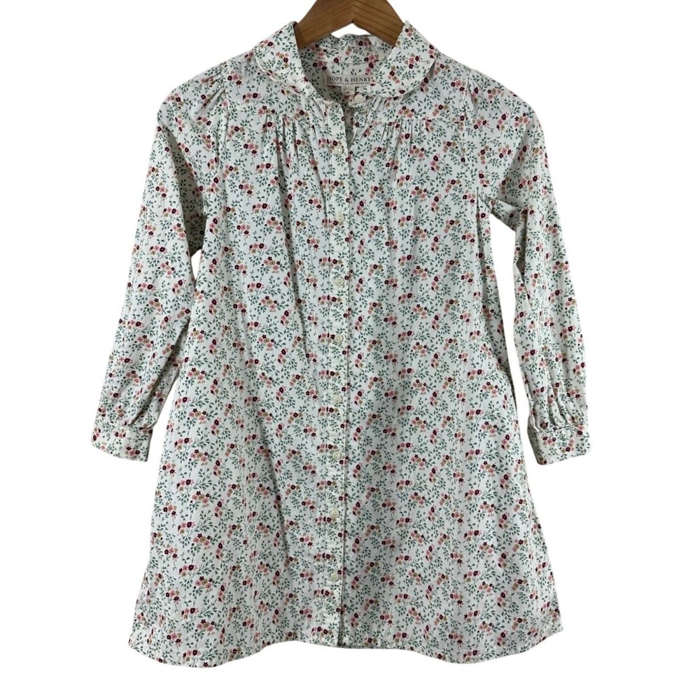 Hope & Henry Girls Floral Organic Cotton Long Sleeve Shirt Dress Cream Size 8